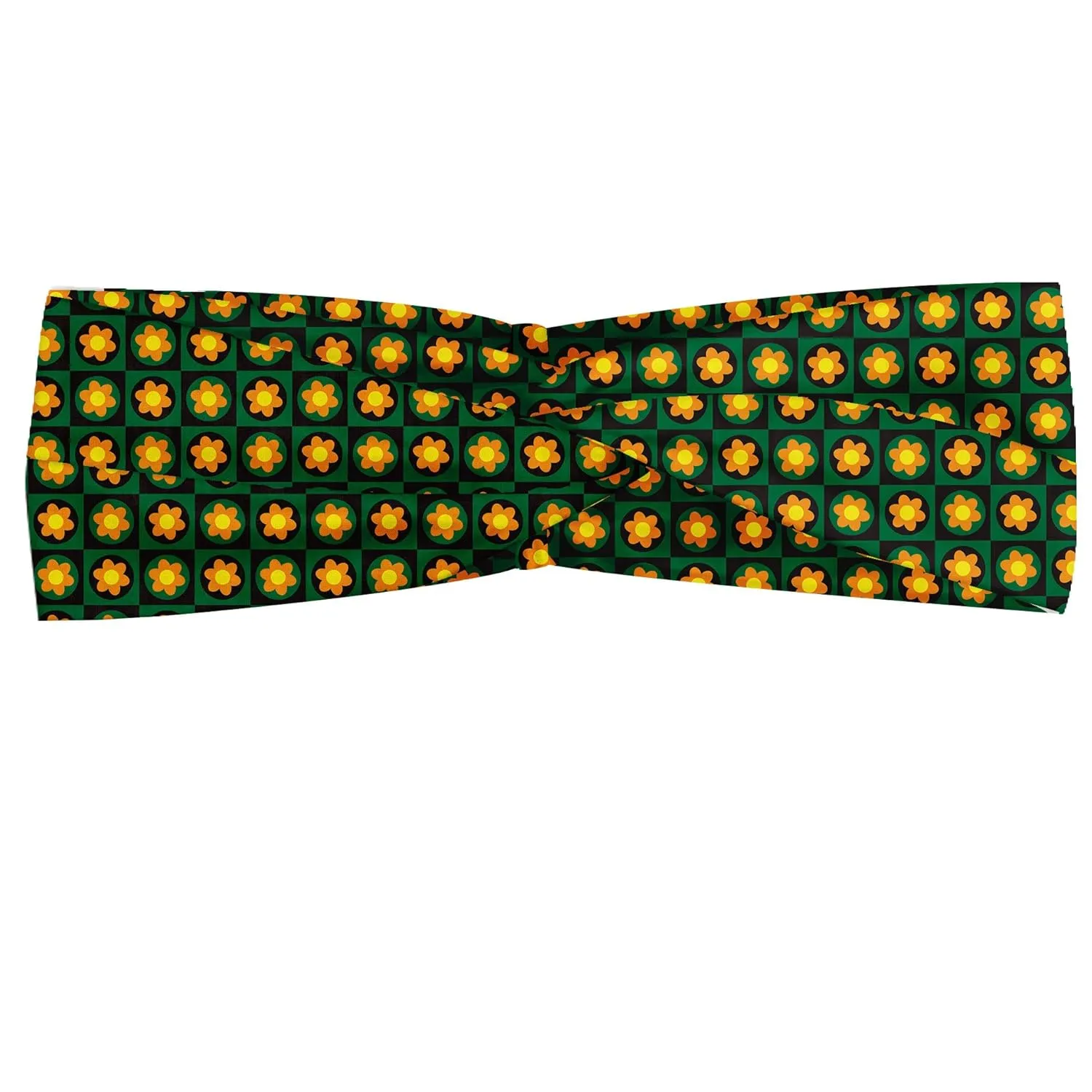 Ambesonne Floral Headband for Women, Pastel Aster Daisy Bloom Petals Pattern in Geometric Square Frames, Elastic Comfy Hair Accessory Knotted Head Wrap Everyday Use, M-L, Marigold Green