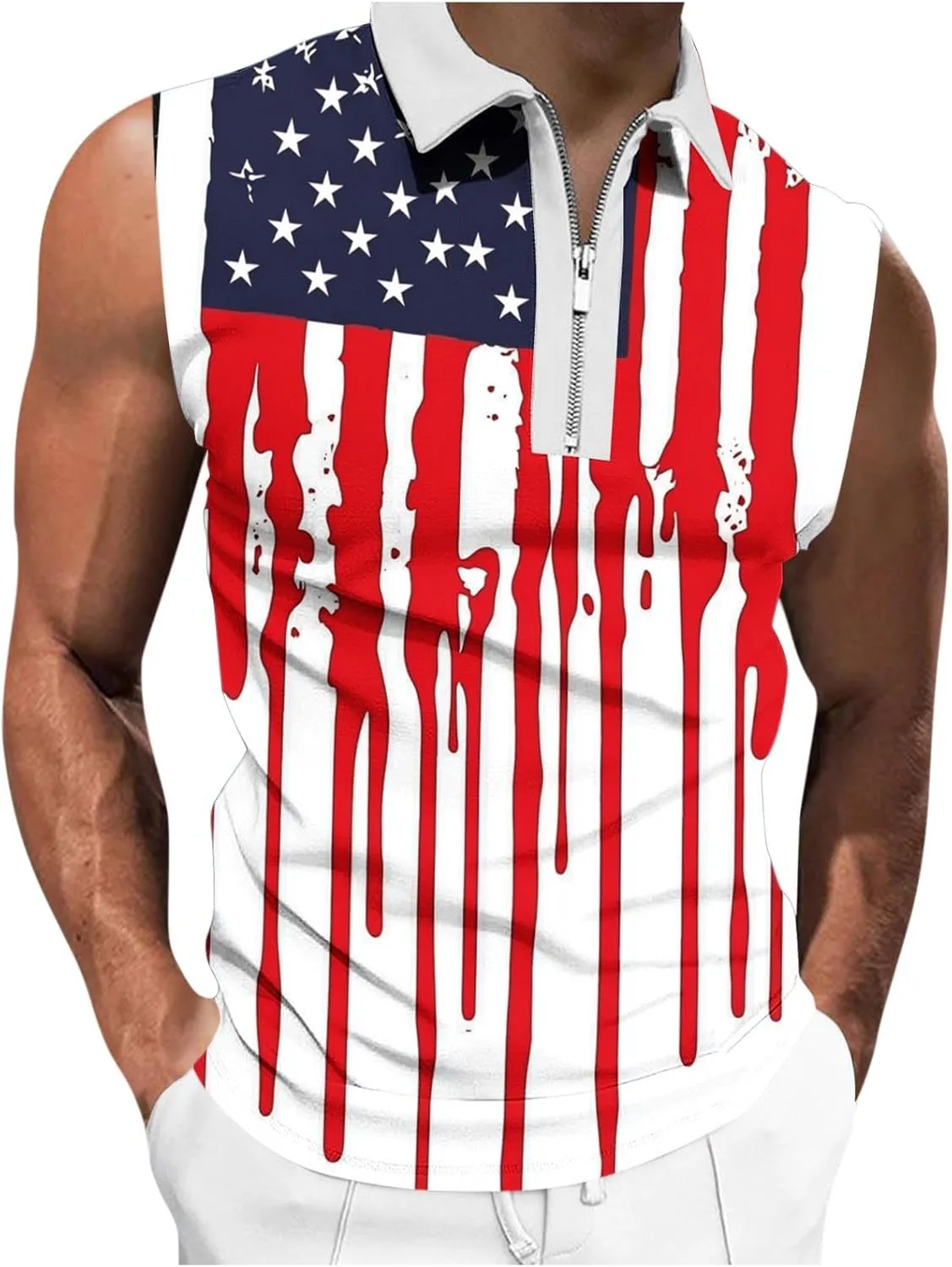 American Flag Striped Tank Tops Mens Sleeveless Shirts Casual Quarter Zip Collared Dressy Top USA Patriotic Vintage Tees