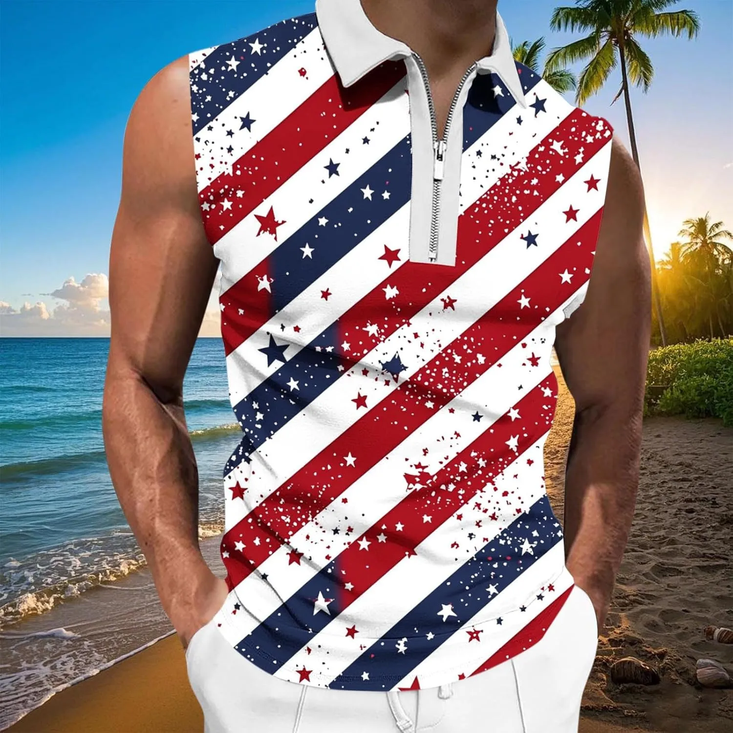American Flag Striped Tank Tops Mens Sleeveless Shirts Casual Quarter Zip Collared Dressy Top USA Patriotic Vintage Tees