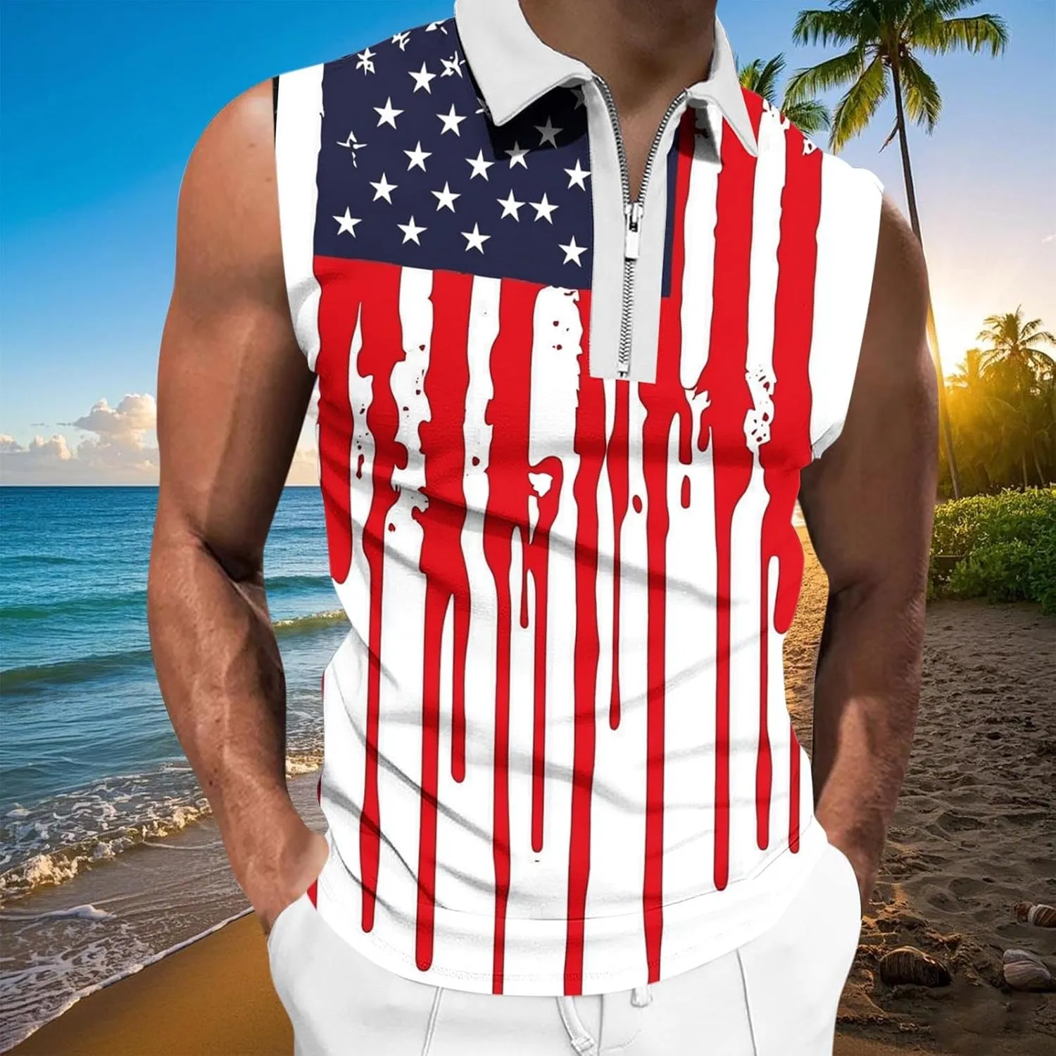 American Flag Striped Tank Tops Mens Sleeveless Shirts Casual Quarter Zip Collared Dressy Top USA Patriotic Vintage Tees