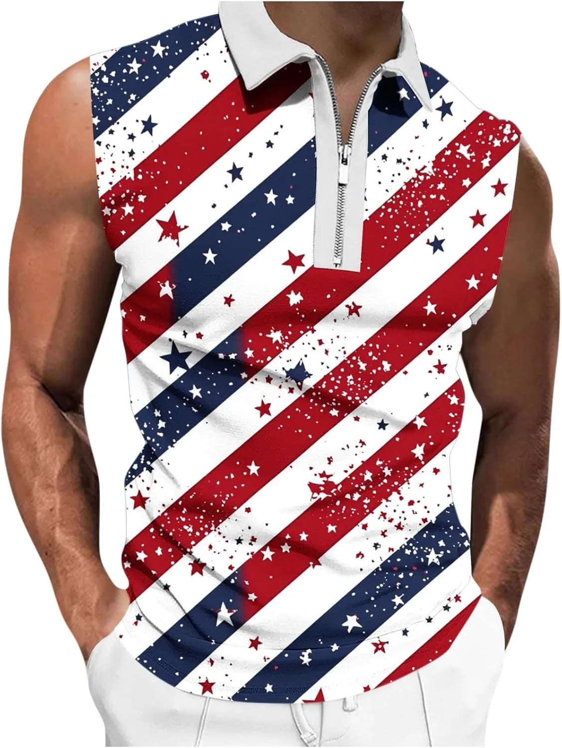 American Flag Striped Tank Tops Mens Sleeveless Shirts Casual Quarter Zip Collared Dressy Top USA Patriotic Vintage Tees