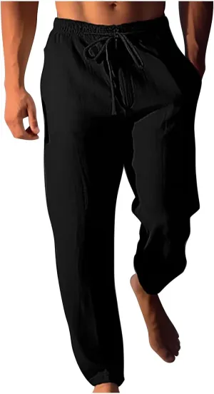 Aymnlox Mens Solid Pants Comfortable Lightweight Athletic Pants Joggers Elastic Drawstring Breathable Pants Wide Leg Trousers