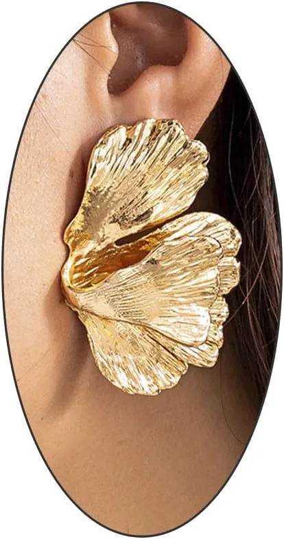 Baroque Floral Shell Drop Statement Earrings for Women,14K Gold Plated Leaf Plant Dangle Earrings Party Prom Chunky Metal Jewelry Gifts