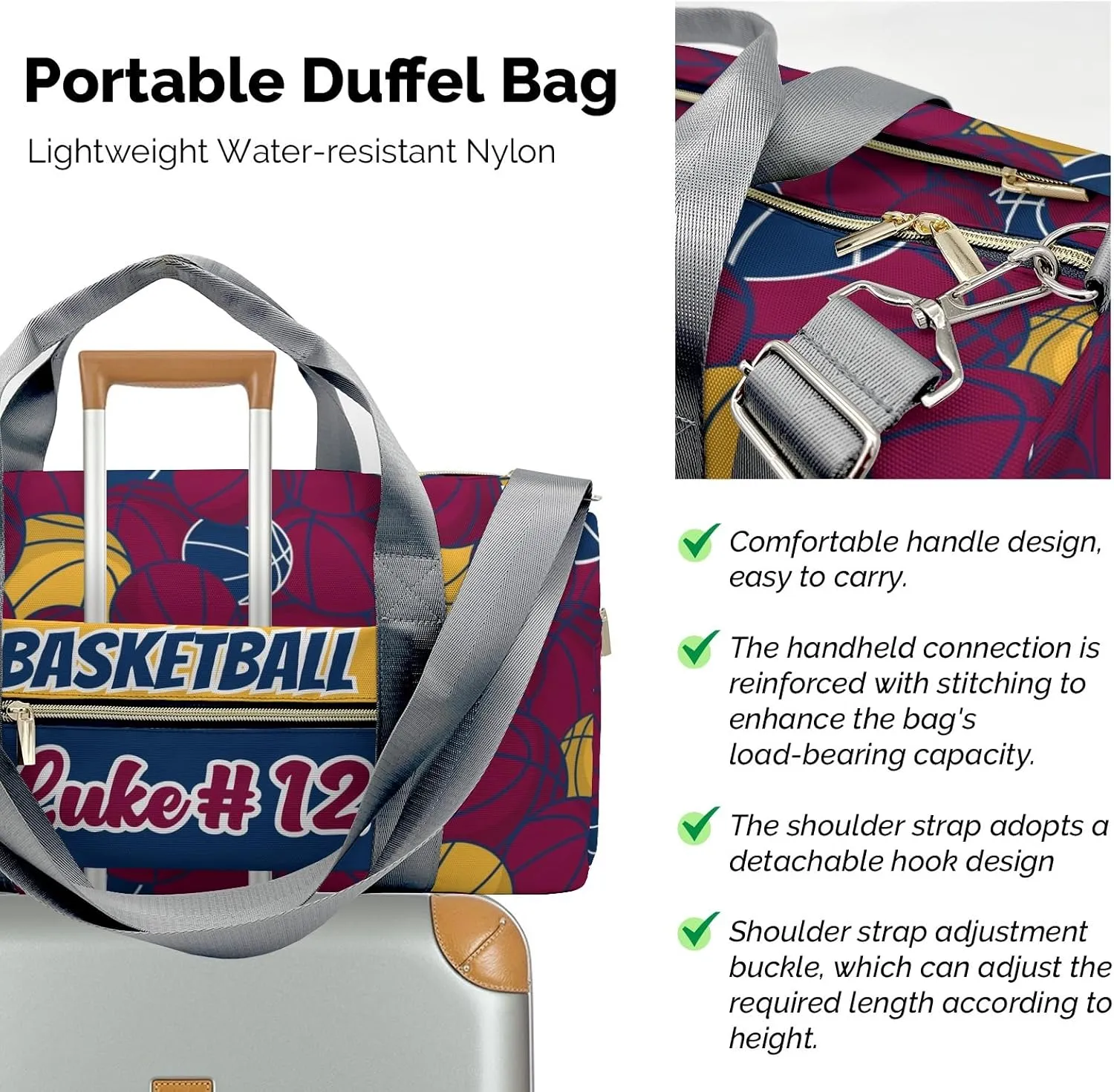 Basketball Gold Red Navy Travel Bag Customized Duffel Bags Overnight Bag Personalized Gift Gym Bags
