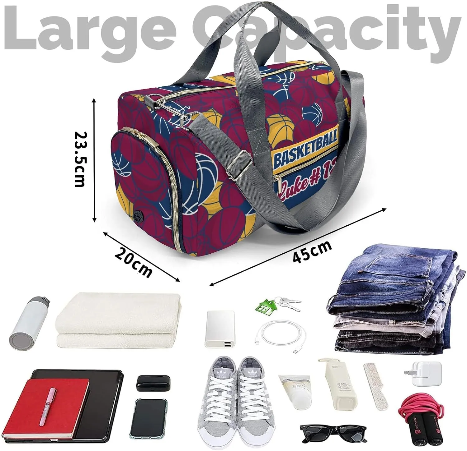 Basketball Gold Red Navy Travel Bag Customized Duffel Bags Overnight Bag Personalized Gift Gym Bags