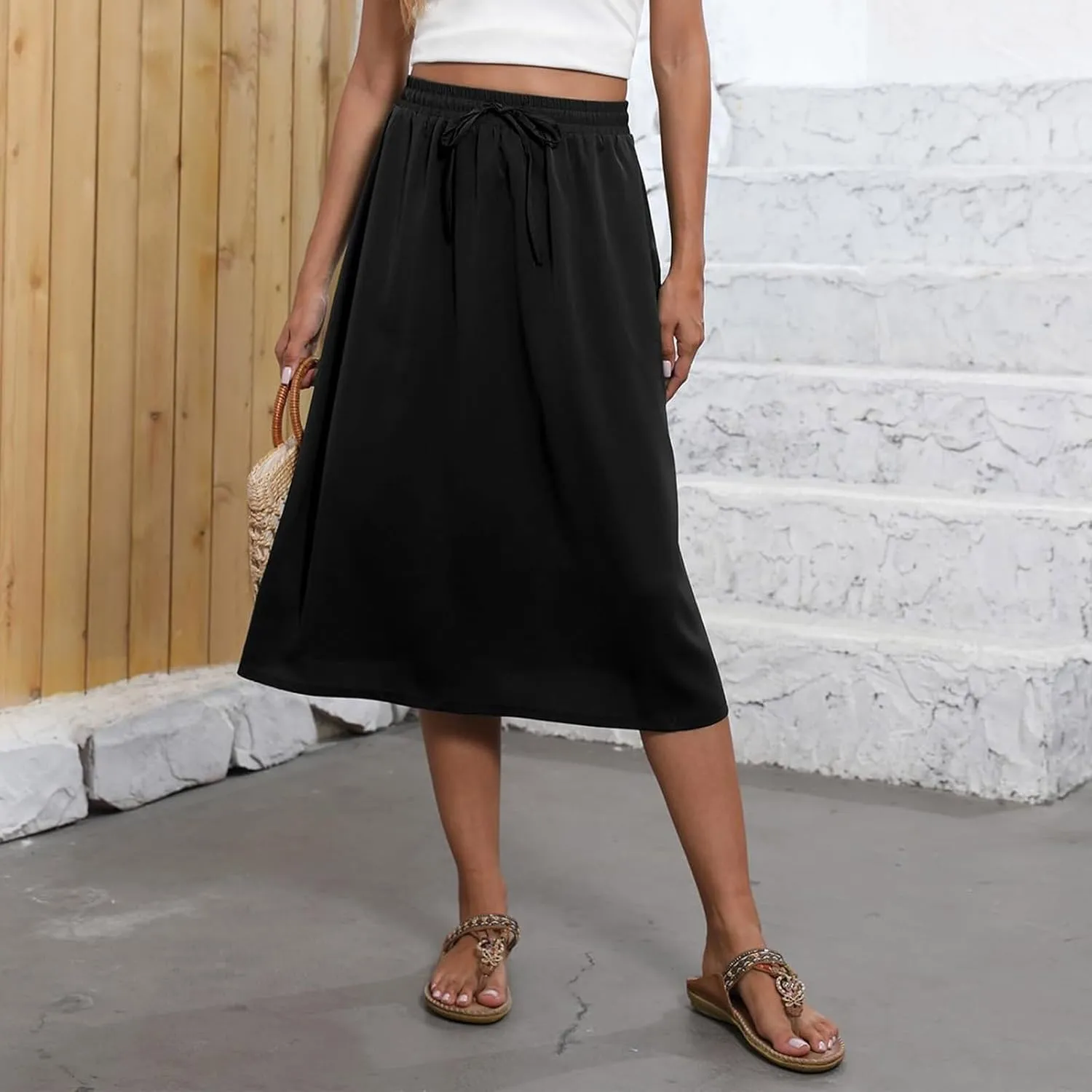 Beach Skirts for Women Drawstring Elastic Waist Summer Midi Skirt A Line Smocked Skirts Knee Length with Pockets
