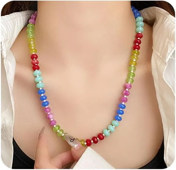 Beaded Gemstone Necklace for Women, Colorful Boho Bead Choker Necklace Natural Stone Necklaces Surfer Beach Handmade Jewelry
