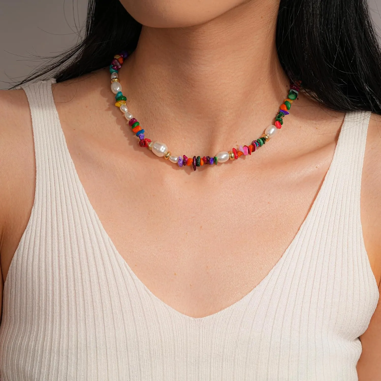 Beaded Necklaces for Women-Colorful Beaded Necklace Gemstone Choker Natural Stone Pearl Necklaces for Women Summer Boho Beach Handmade Jewelry