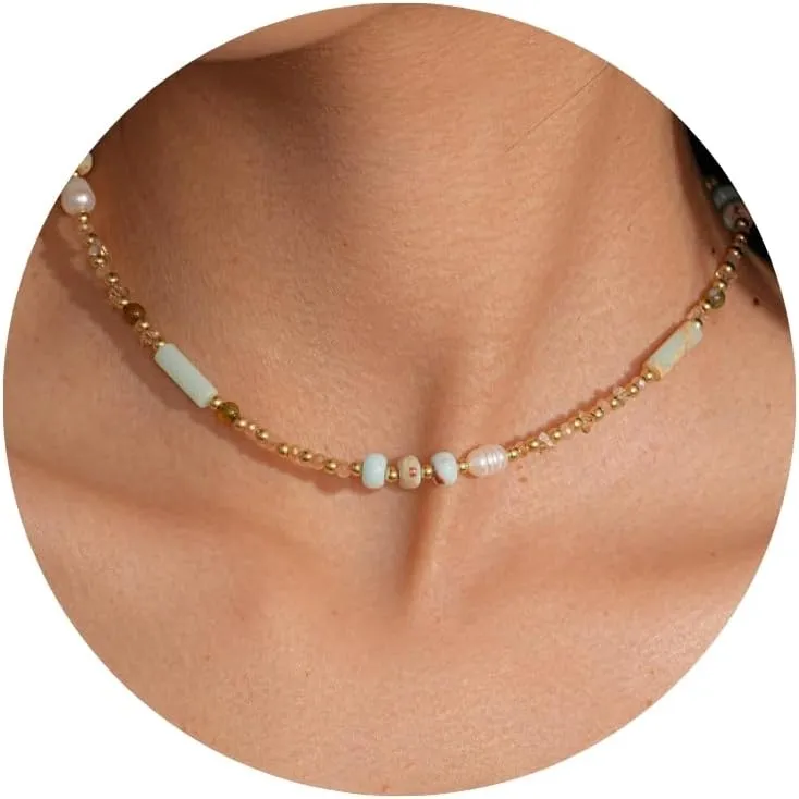 Beaded Necklaces for Women-Colorful Beaded Necklace Gemstone Choker Natural Stone Pearl Necklaces for Women Summer Boho Beach Handmade Jewelry
