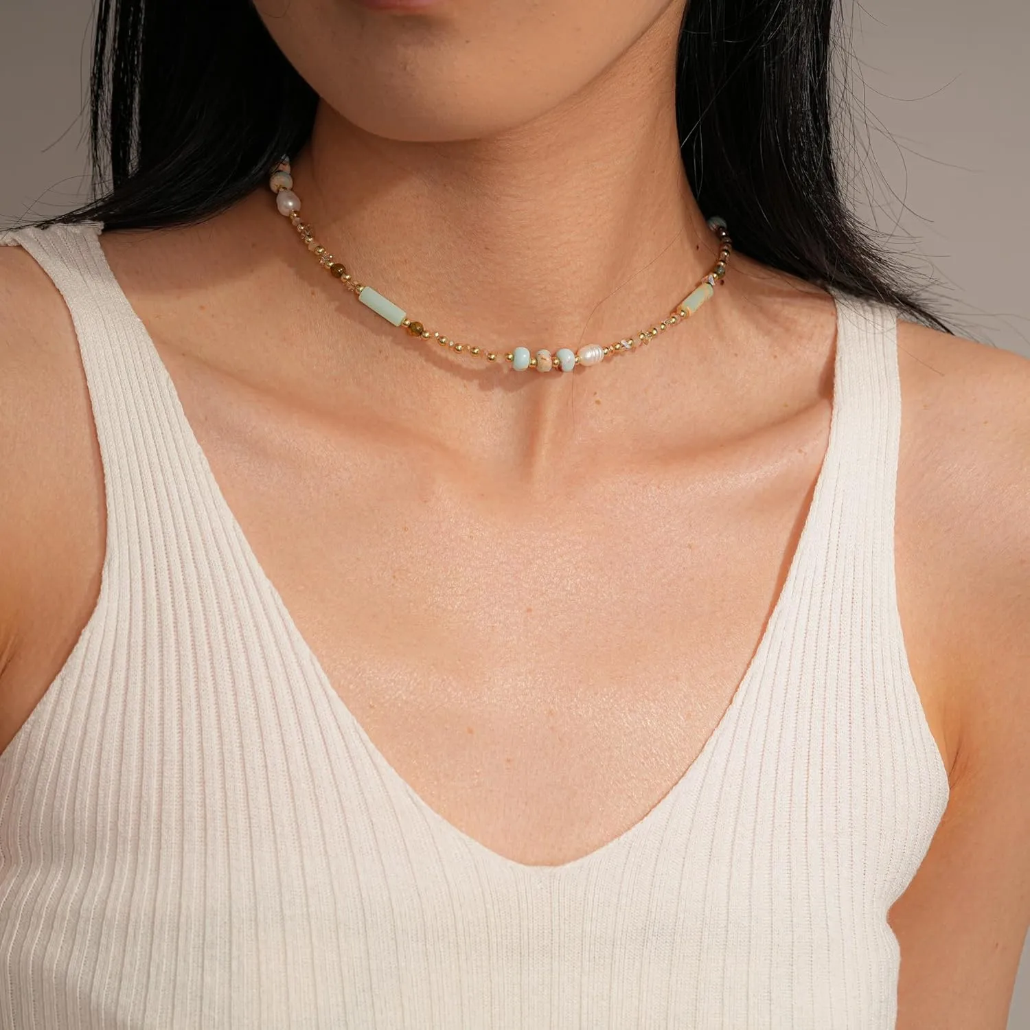 Beaded Necklaces for Women-Colorful Beaded Necklace Gemstone Choker Natural Stone Pearl Necklaces for Women Summer Boho Beach Handmade Jewelry