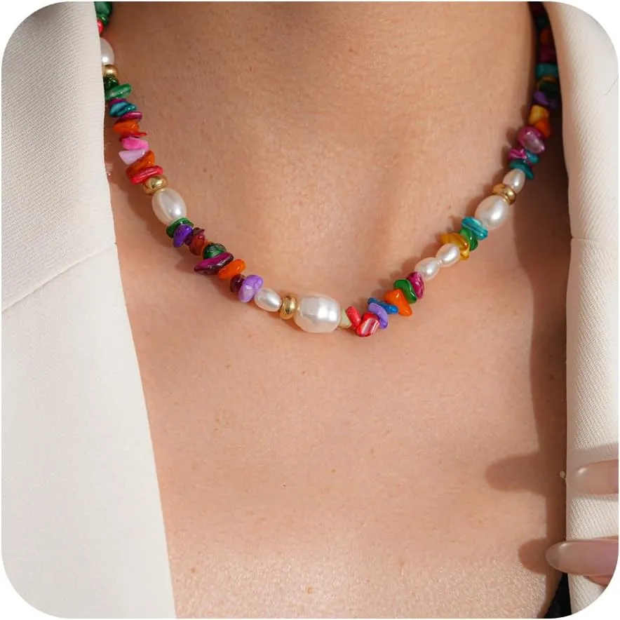 Beaded Necklaces for Women-Colorful Beaded Necklace Gemstone Choker Natural Stone Pearl Necklaces for Women Summer Boho Beach Handmade Jewelry