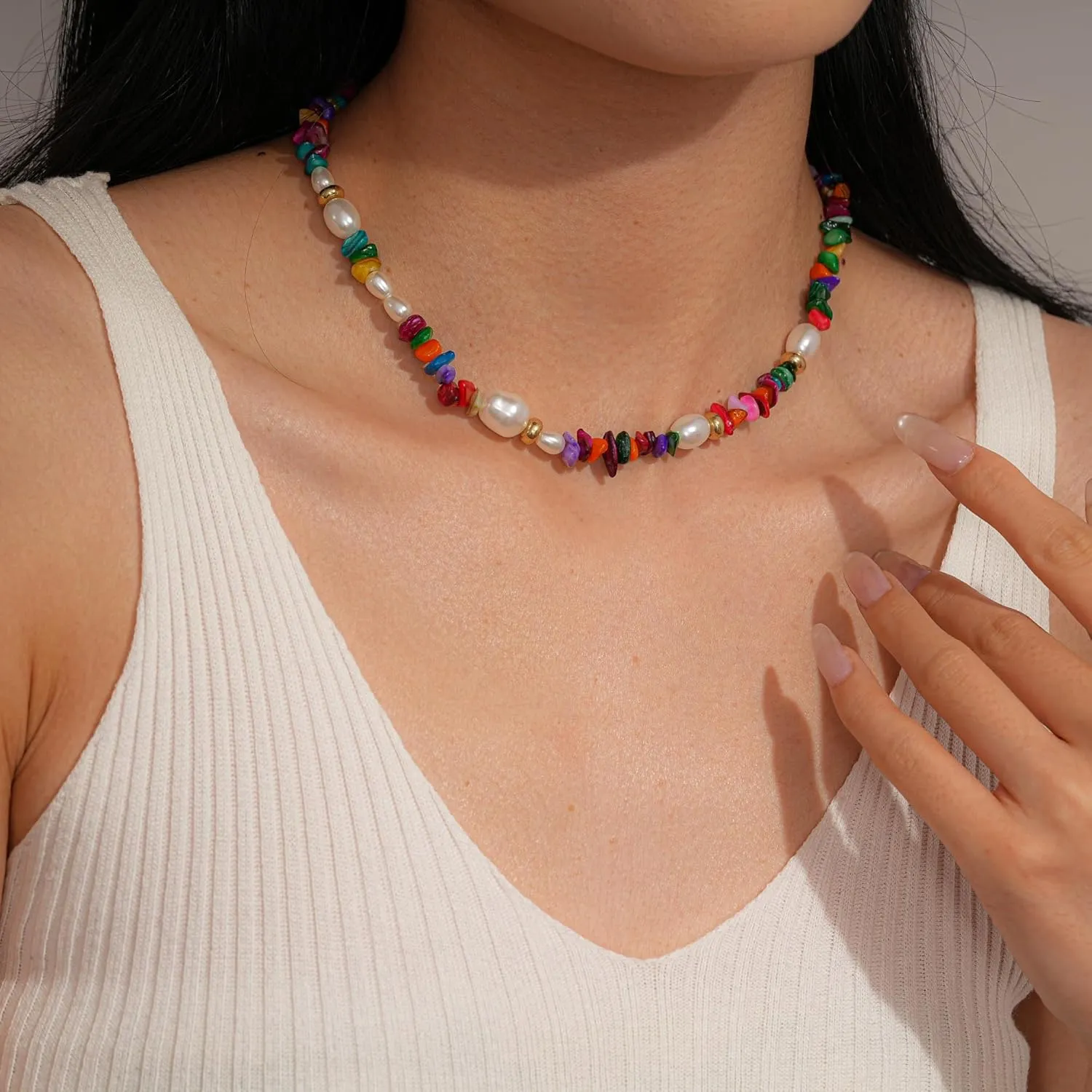 Beaded Necklaces for Women-Colorful Beaded Necklace Gemstone Choker Natural Stone Pearl Necklaces for Women Summer Boho Beach Handmade Jewelry