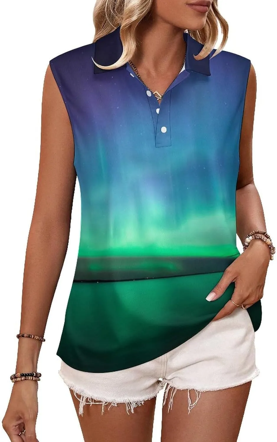 Beautiful Northern Lights Women's Sleeveless Golf Polo Shirts Athletic Tank Tops