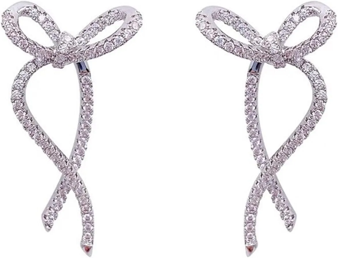 Bi&Yamigeo Crystal Bow knot Stud Earrings for Women,Elegant 925 Sterling Silver Sparkly Cubic Zirconia Twisted Curved Ribbon Bowknot Dupe Jewelry