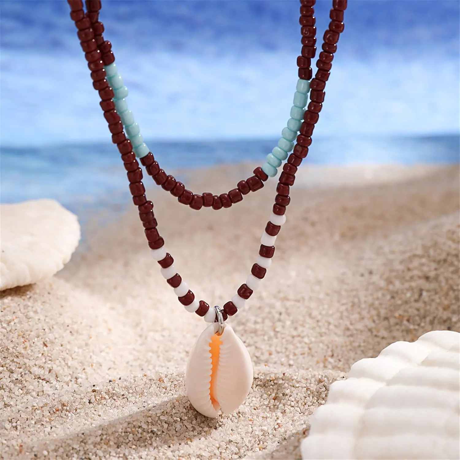 Bohemian Beaded Necklaces for Women Handmade Trendy Double Layered Colorful Beads Choker Necklace Cute Ocean Sea Shell Starfish Necklace Adjustable Beach Jewelry