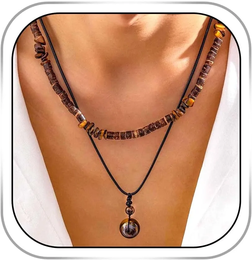 Boho Layered Necklace for Men Tiger Eye Pendant Necklaces Surfer Choker Necklace Cord Chain Necklaces for Men
