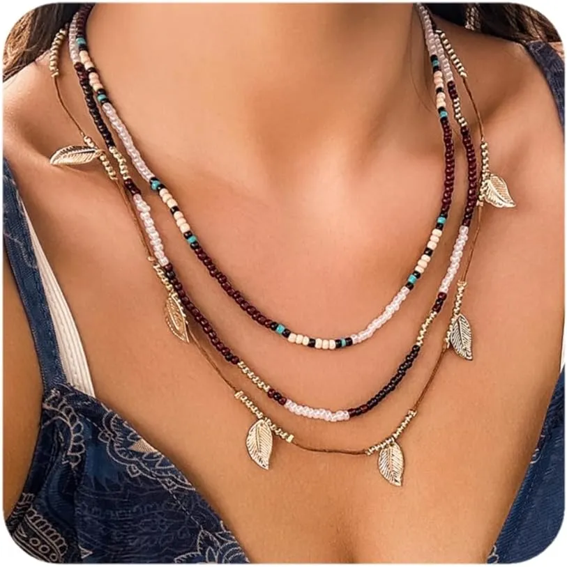 Boho Multi-Layered Beaded Choker Necklace for Women - Star and Coin Pendant Layering Necklaces