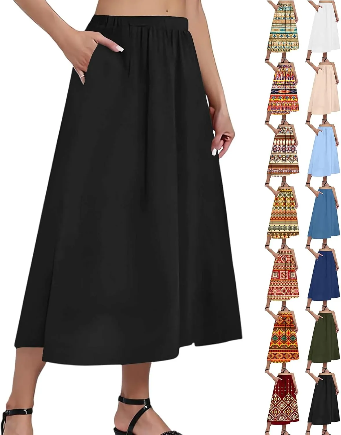 Boho Skirts for Women Summer Casual Flowy Floral Modest High Waisted Pleated Beach A Line Midi Skirts with Pockets