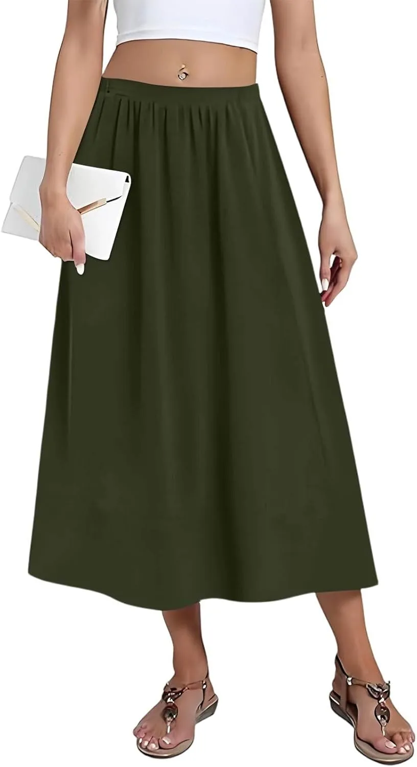 Boho Skirts for Women Summer Casual Flowy Floral Modest High Waisted Pleated Beach A Line Midi Skirts with Pockets