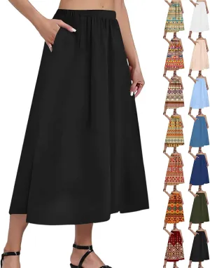 Boho Skirts for Women Summer Casual Flowy Floral Modest High Waisted Pleated Beach A Line Midi Skirts with Pockets
