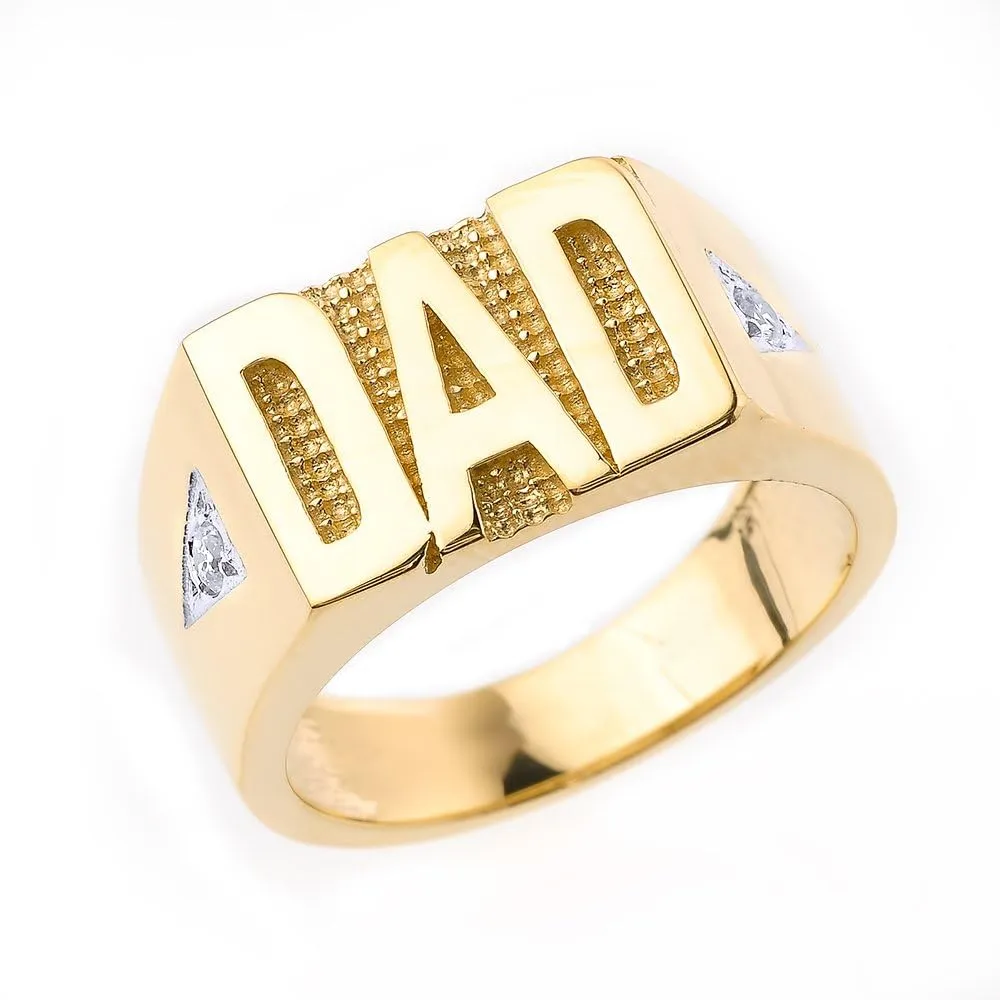 Bold 14k Yellow Gold Solid Diamond Band Dad Ring for Men