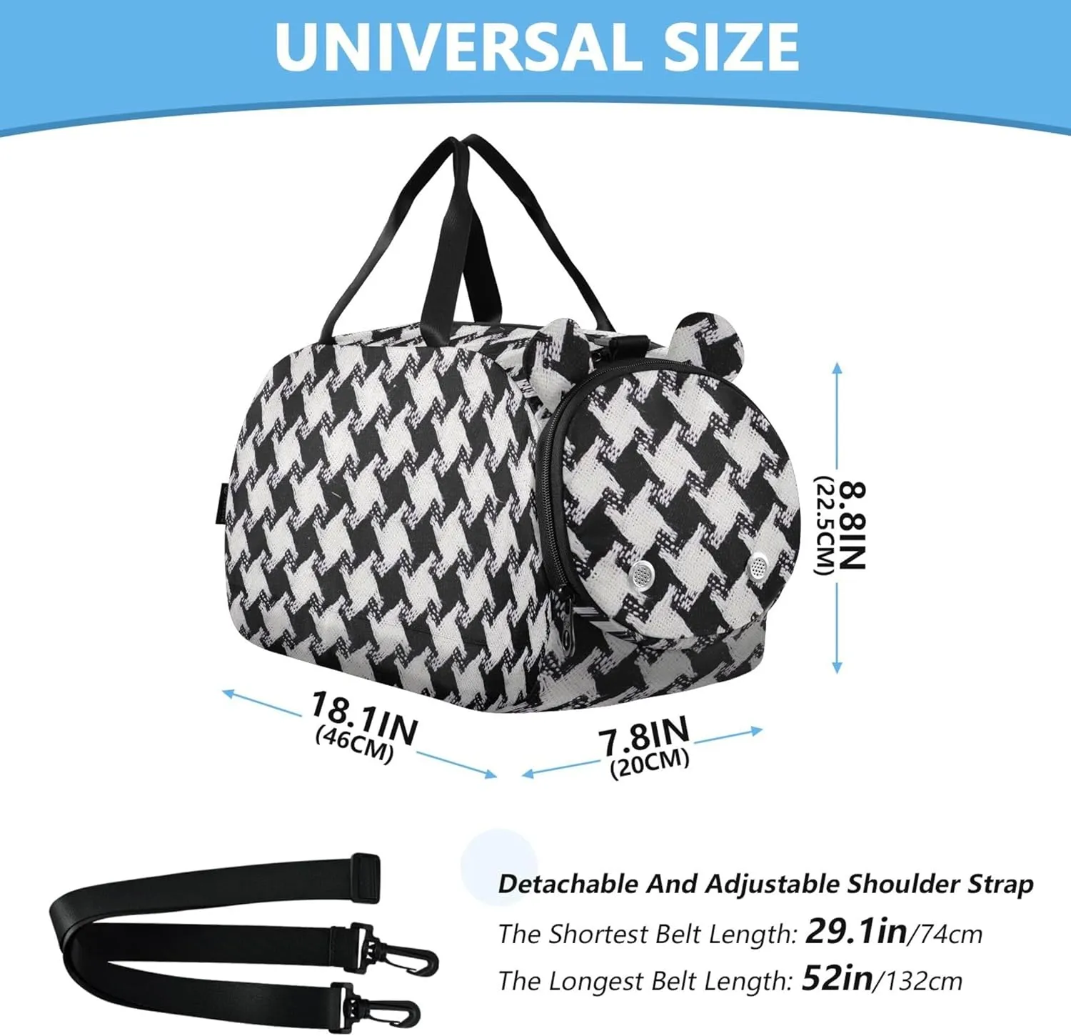 Bold Houndstooth Black White Travel Duffle Bags Girls Tote Toddler Weekender Bags with Shoe Compartment Carry on Duffel for Boys