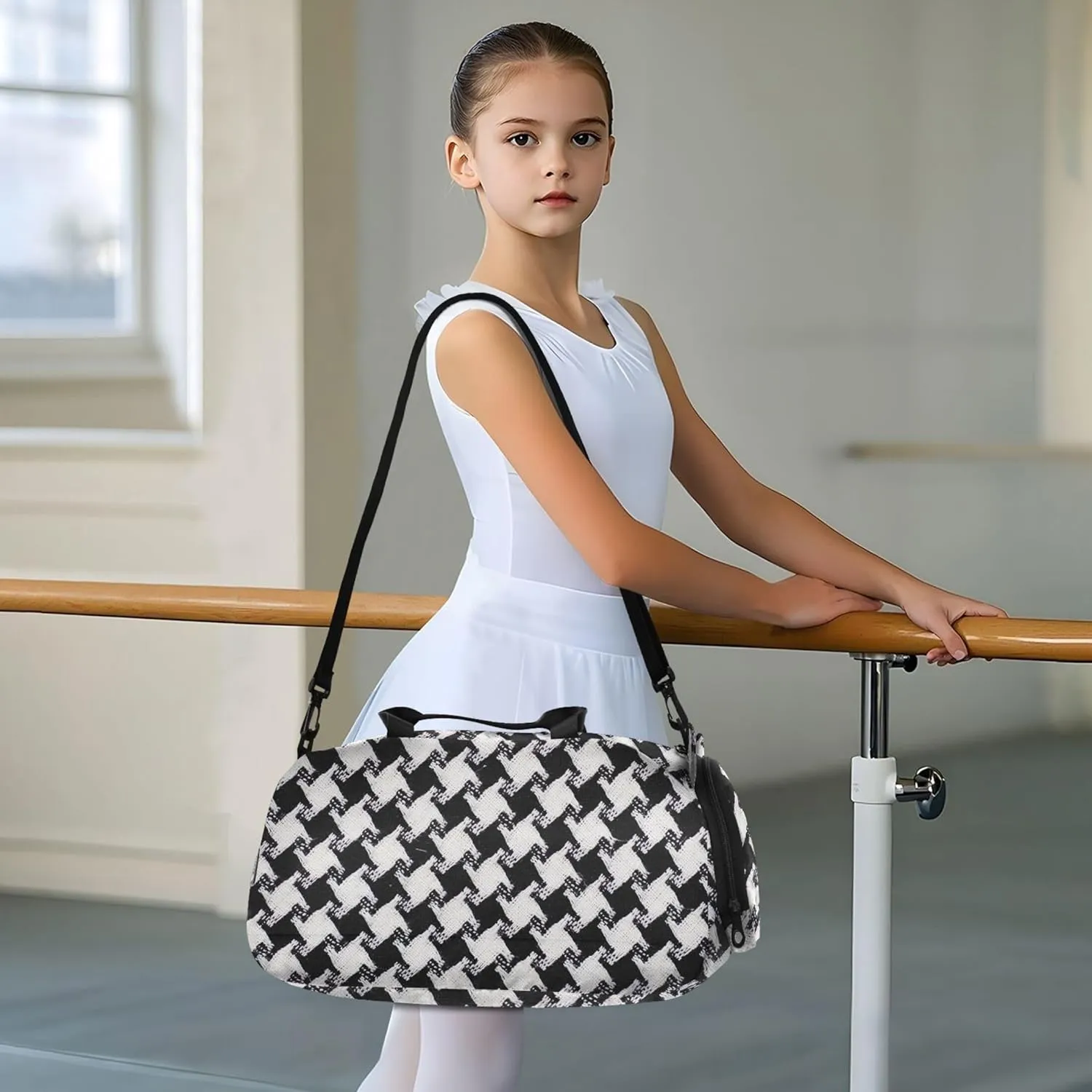 Bold Houndstooth Black White Travel Duffle Bags Girls Tote Toddler Weekender Bags with Shoe Compartment Carry on Duffel for Boys