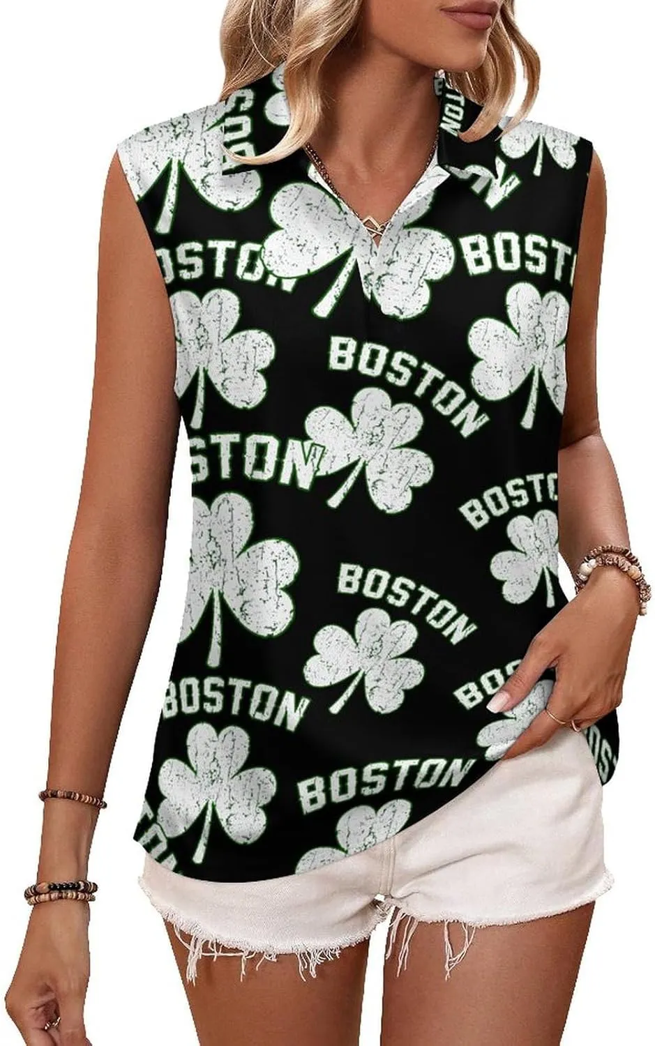 Boston Shamrocks Women's Sleeveless Golf Polo Shirts Athletic Tank Tops