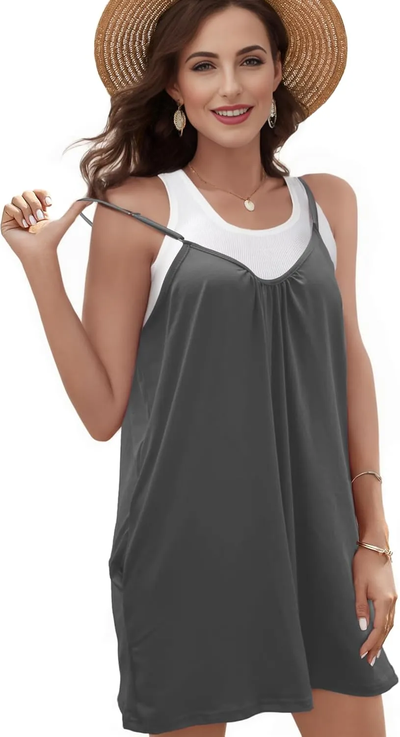 Buauty Short Rompers for Women Casual Jumpsuits Summer Sleeveless Strap Loose Adjustable Rompers with Pockets Clothes 2024