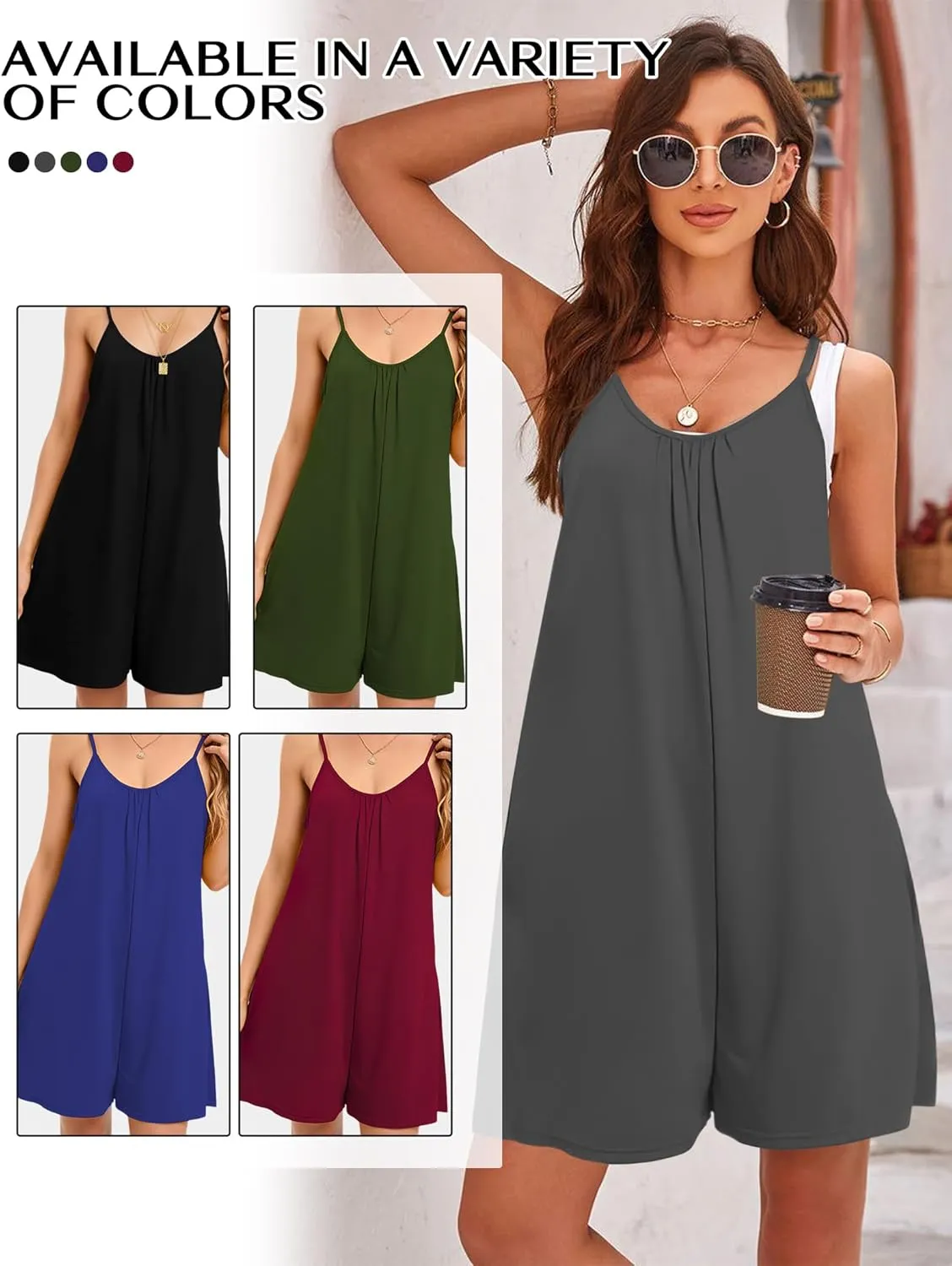 Buauty Short Rompers for Women Casual Jumpsuits Summer Sleeveless Strap Loose Adjustable Rompers with Pockets Clothes 2024