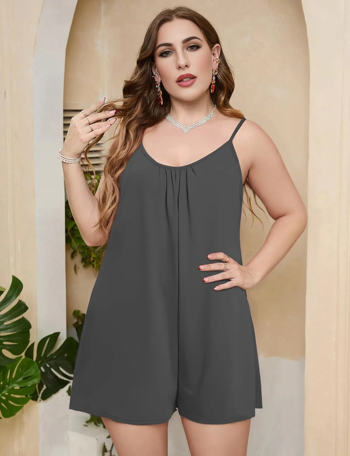 Buauty Short Rompers for Women Casual Jumpsuits Summer Sleeveless Strap Loose Adjustable Rompers with Pockets Clothes 2024