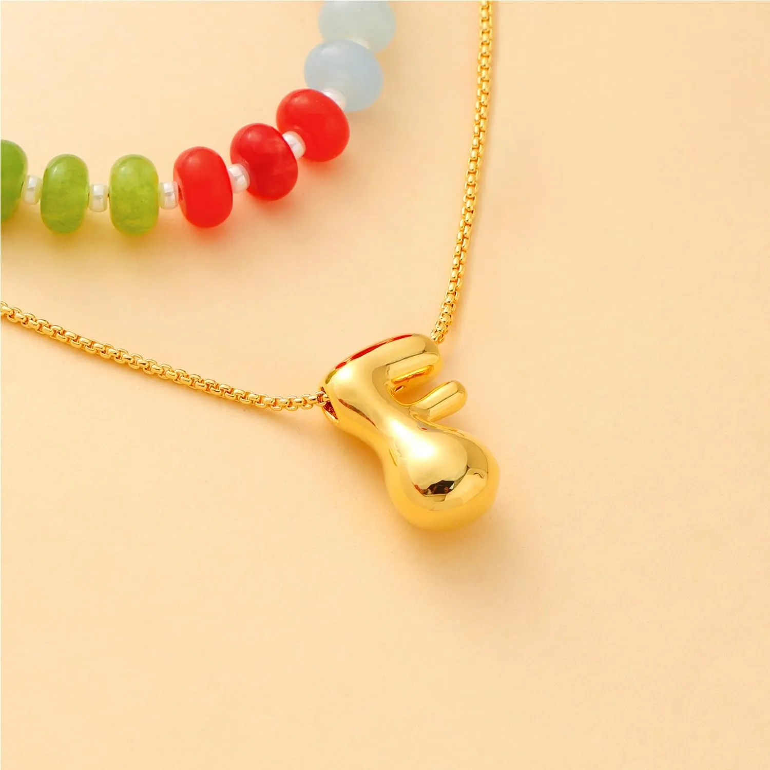 Bubble Beaded Necklaces for Women, Letter Boho Rainbow Colorful Natural Stone Summer Necklace for Women, Gold-Plated Initial Necklace