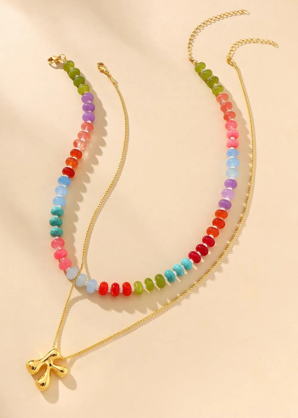 Bubble Beaded Necklaces for Women, Letter Boho Rainbow Colorful Natural Stone Summer Necklace for Women, Gold-Plated Initial Necklace