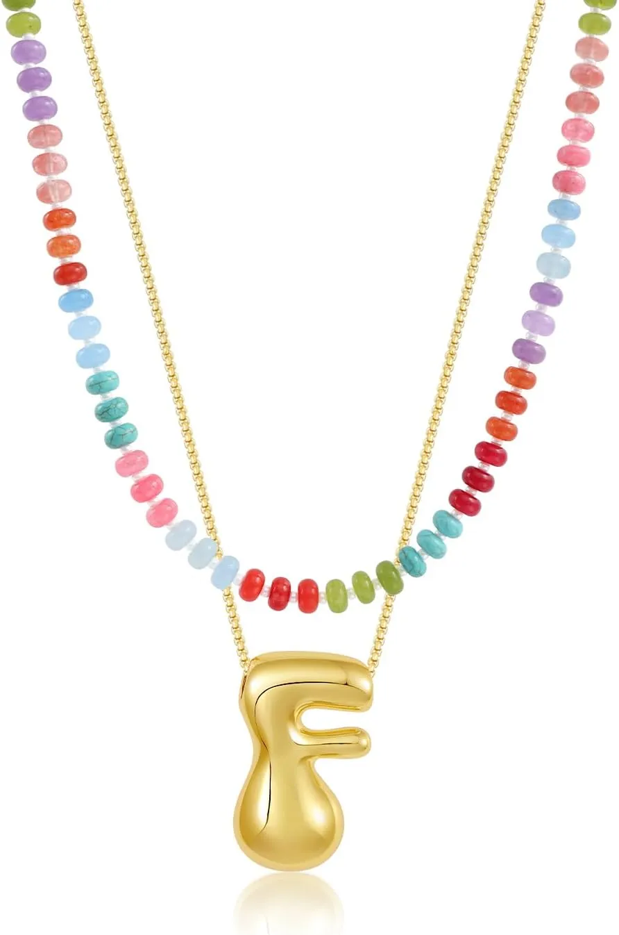 Bubble Beaded Necklaces for Women, Letter Boho Rainbow Colorful Natural Stone Summer Necklace for Women, Gold-Plated Initial Necklace