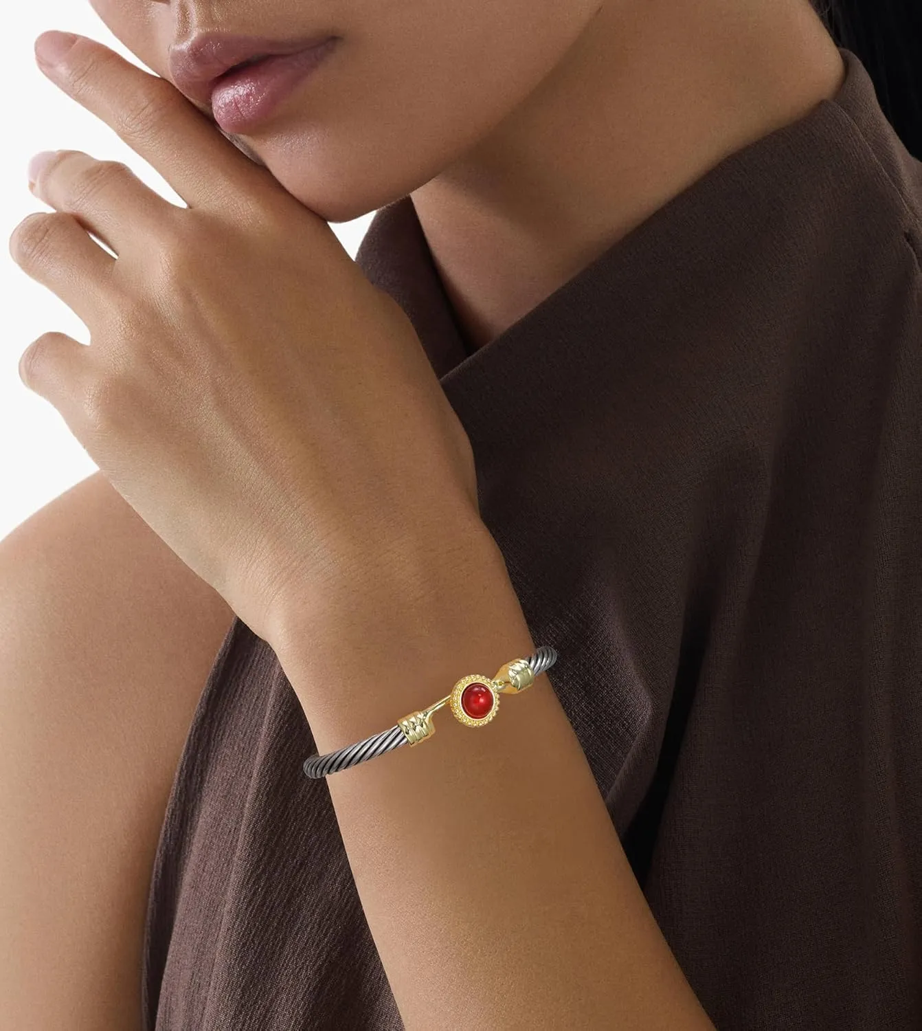 Cable Bracelets for Women Two Tone Cuff Bangle with Turquoise Onyx Hook Clasp Mixed Metal Bracelets Designer Dupes Jewelry for Her