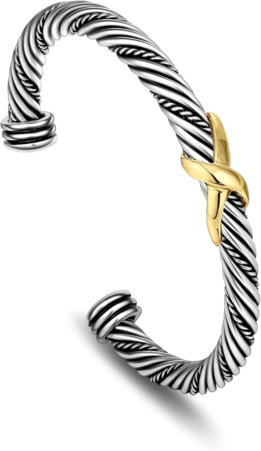 Cable Cuff Bracelets for Women Twisted - Cable Wire Bangle Bracelet Cross - Two Tone Designer Statement Bracelet Jewelry Gift