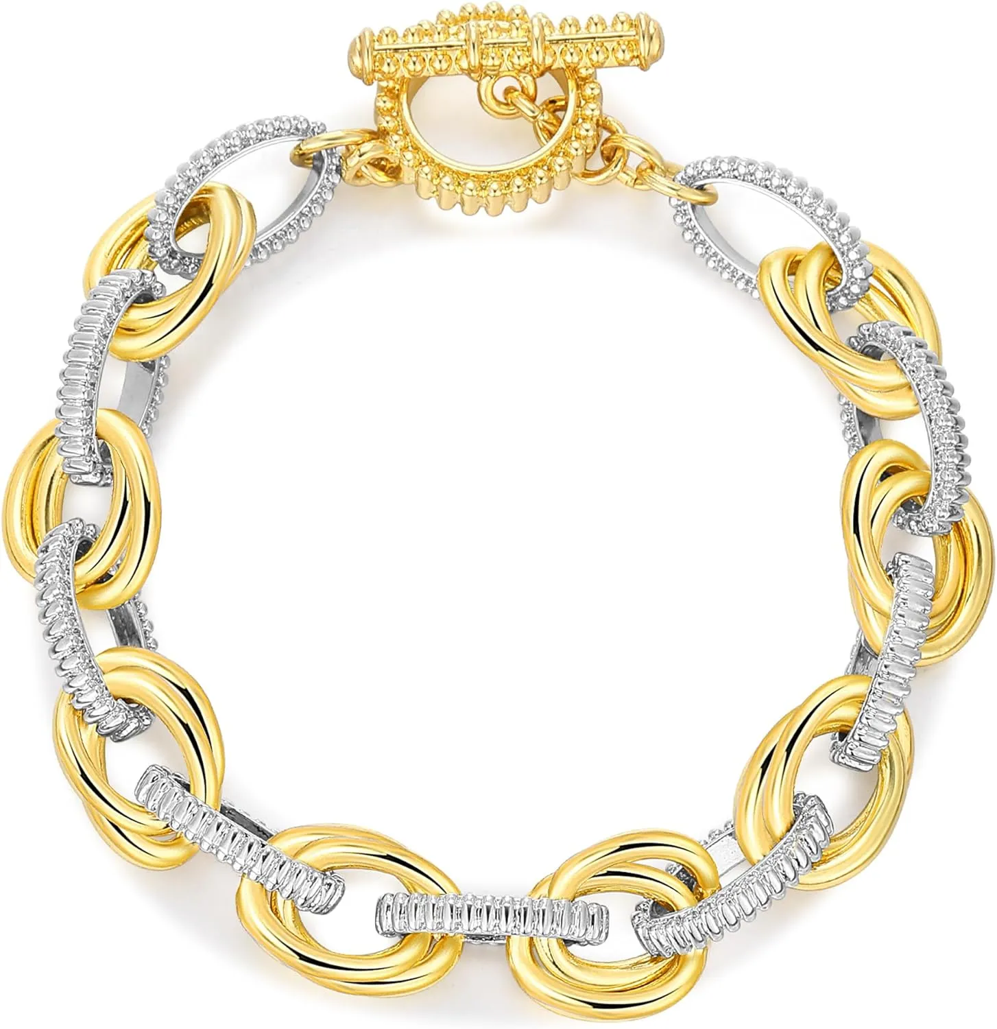 Cable Link Bracelet for Women, Trendy Circle Chain Bangle Link Bracelets Designer Inspire Silver and Gold Bracelets Jewelry for Her (Two Tone E)