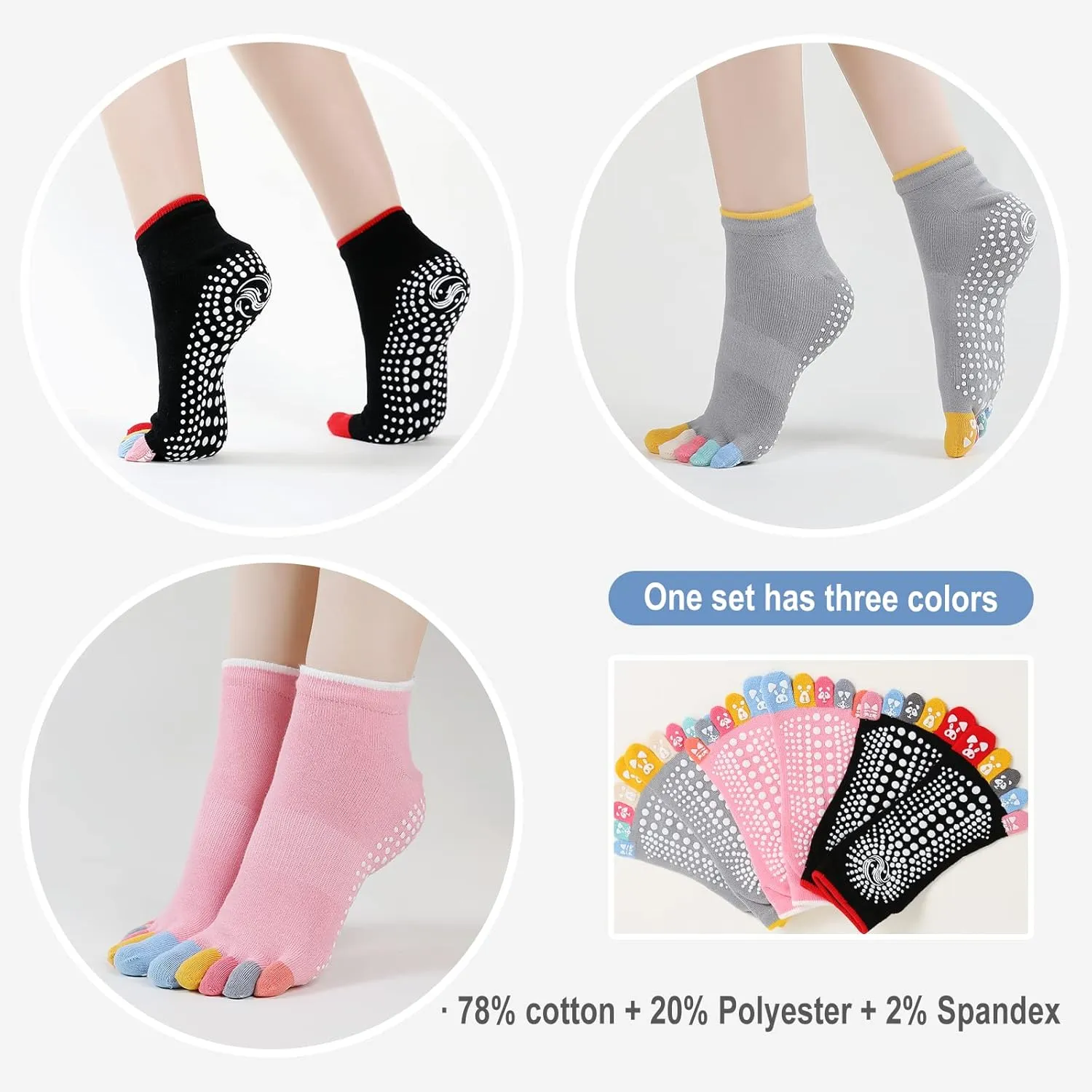 CaiDieNu Yoga Socks for Women, Non Slip Full Toe Socks with Grips for Pilates Barre Dance Ballet Hospital, 3 Pairs