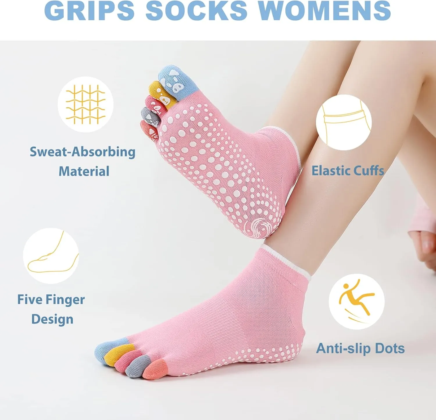 CaiDieNu Yoga Socks for Women, Non Slip Full Toe Socks with Grips for Pilates Barre Dance Ballet Hospital, 3 Pairs