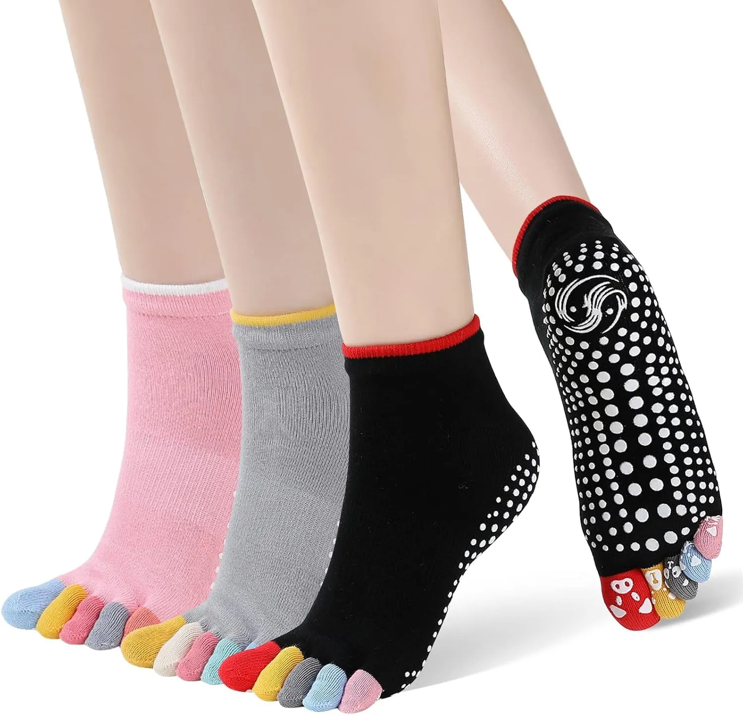 CaiDieNu Yoga Socks for Women, Non Slip Full Toe Socks with Grips for Pilates Barre Dance Ballet Hospital, 3 Pairs