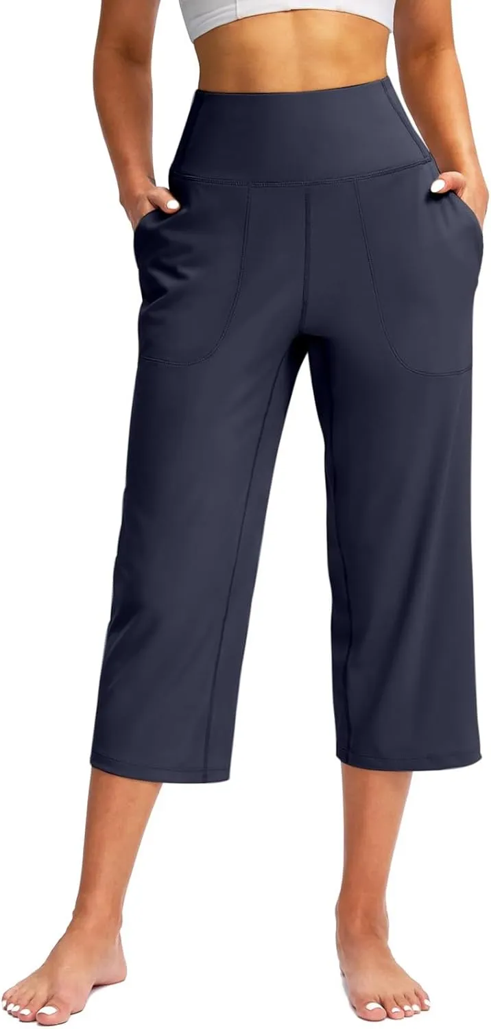 Capri Pants for Women Summer Casual Elastic Waist Wide Leg Cropped Trousers with Pockets Plus Size Tummy Control Yoga Capris