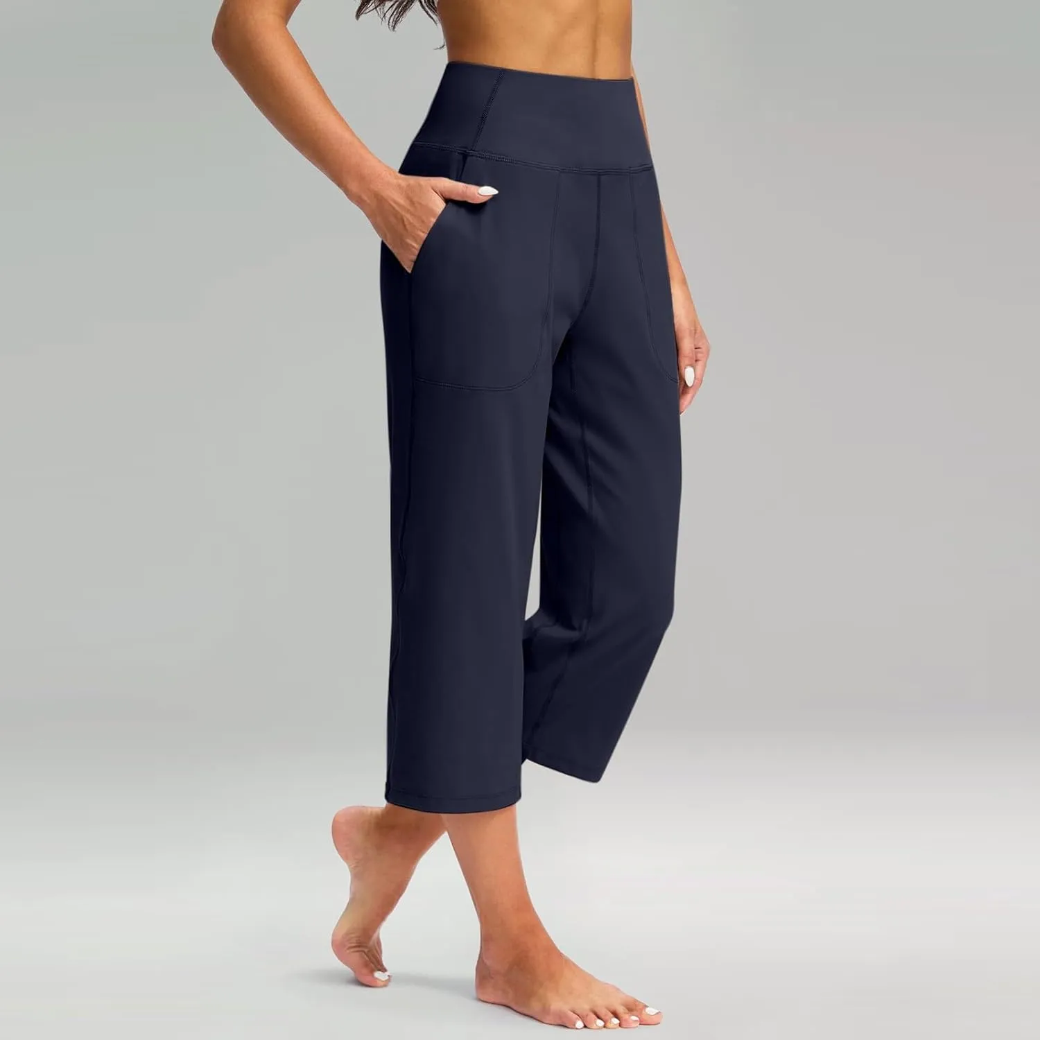 Capri Pants for Women Summer Casual Elastic Waist Wide Leg Cropped Trousers with Pockets Plus Size Tummy Control Yoga Capris