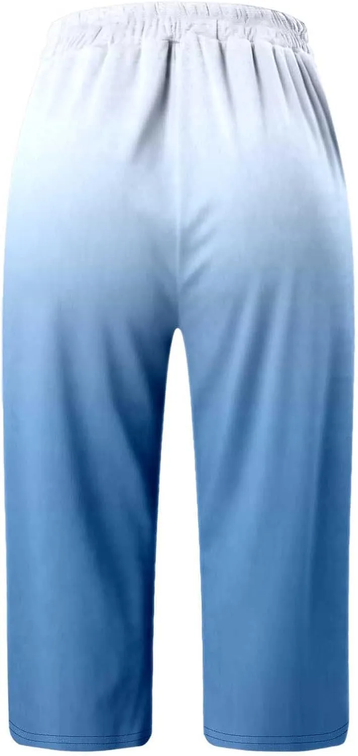 Capri Yoga Pants for Women Color Block Drawstring High Waist Cropped Casual Pant Beach Summer Trousers with Pockets