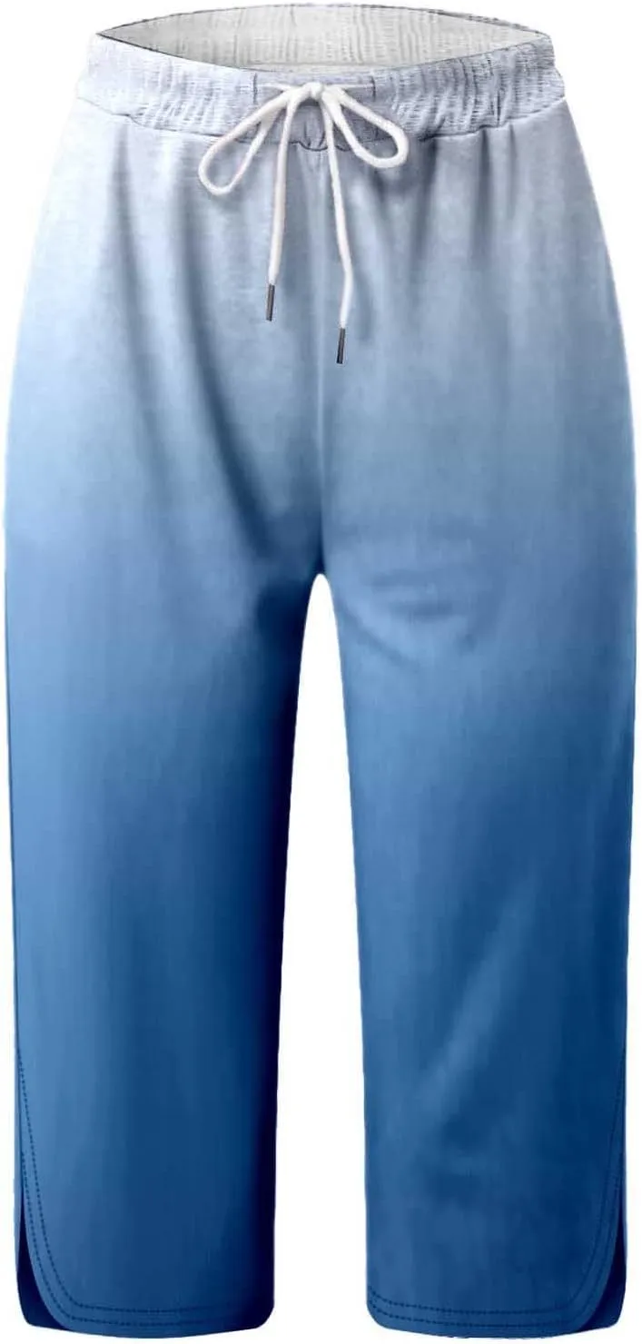 Capri Yoga Pants for Women Color Block Drawstring High Waist Cropped Casual Pant Beach Summer Trousers with Pockets