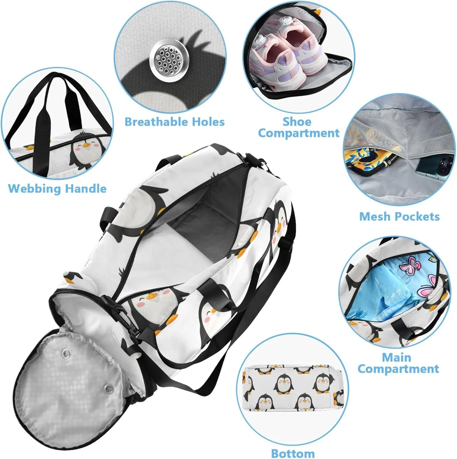 Carry on Duffel Bag for Boys Weekend Duffel Overnight Cute Cartoon Penguins White Girls Tote Duffle Bags Travel Shoe Compartment