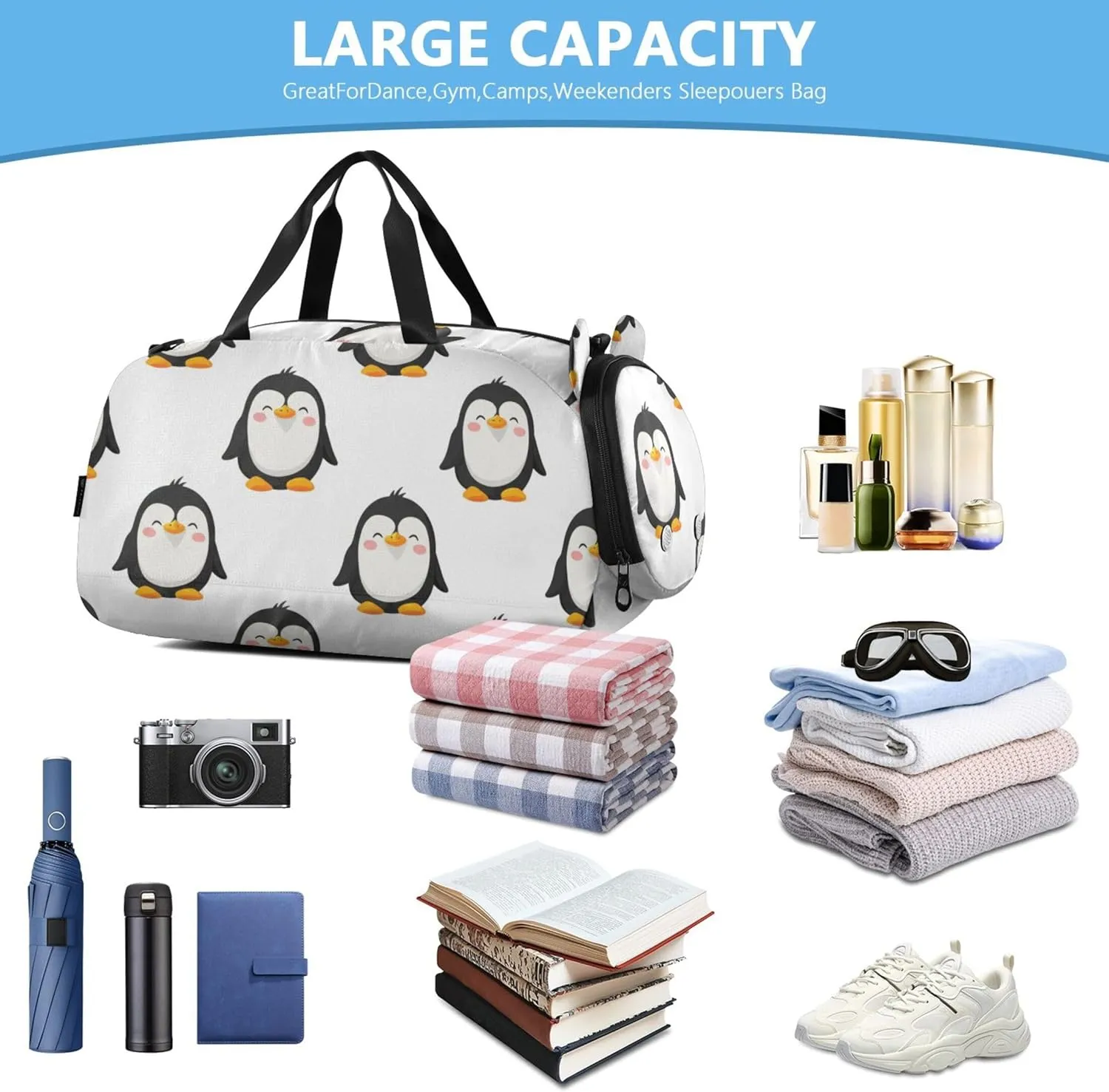 Carry on Duffel Bag for Boys Weekend Duffel Overnight Cute Cartoon Penguins White Girls Tote Duffle Bags Travel Shoe Compartment