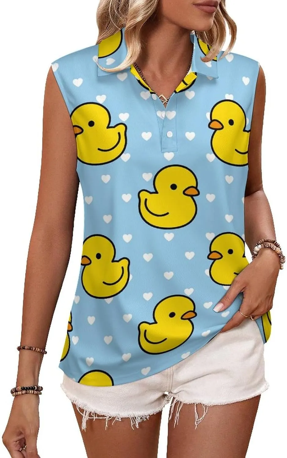 Cartoon Yellow Duck Women's Sleeveless Golf Polo Shirts Athletic Tank Tops