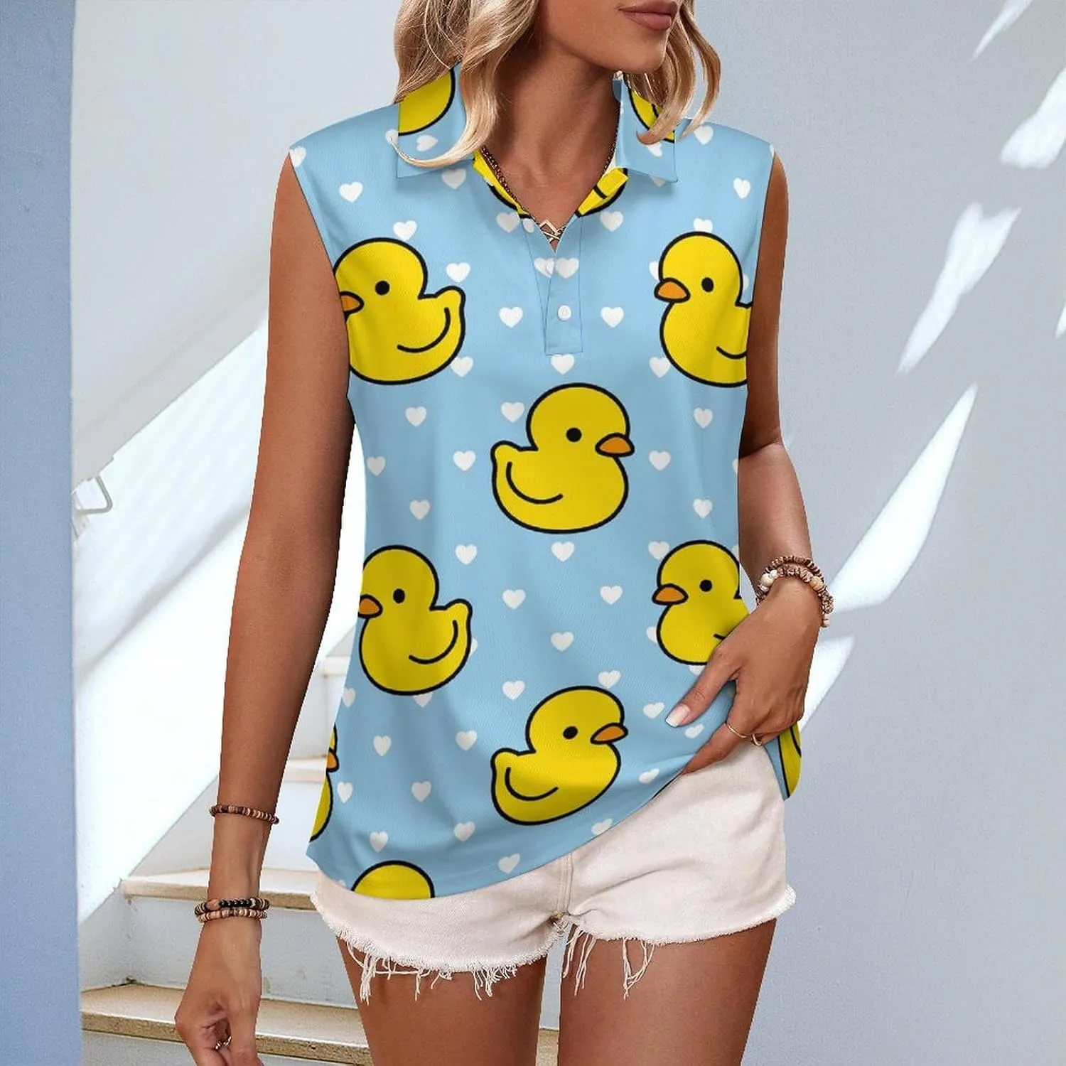 Cartoon Yellow Duck Women's Sleeveless Golf Polo Shirts Athletic Tank Tops