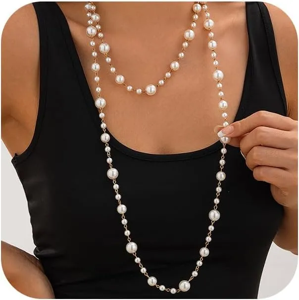 Charm Long Pearl Necklaces for Women Trendy, Statement Layered Beaded Big Small Pearls Gold Chain Necklace Party Prom Jewelry Gifts Costume Accessories