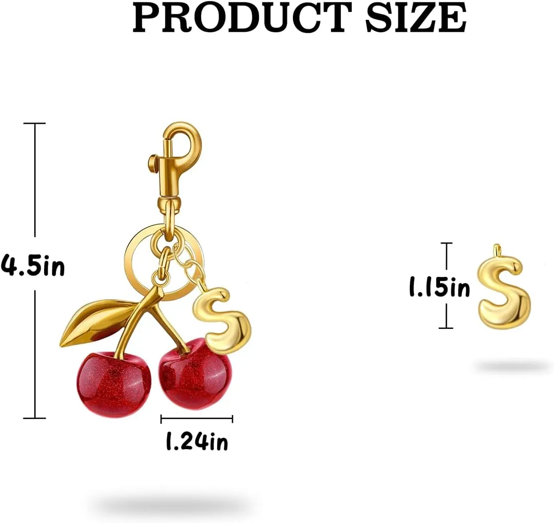 Cherry Purse Charm Bag Charms - Cute Keychain For Women Tote Handbags Accessories Gold Bubble Initial Key chains Set
